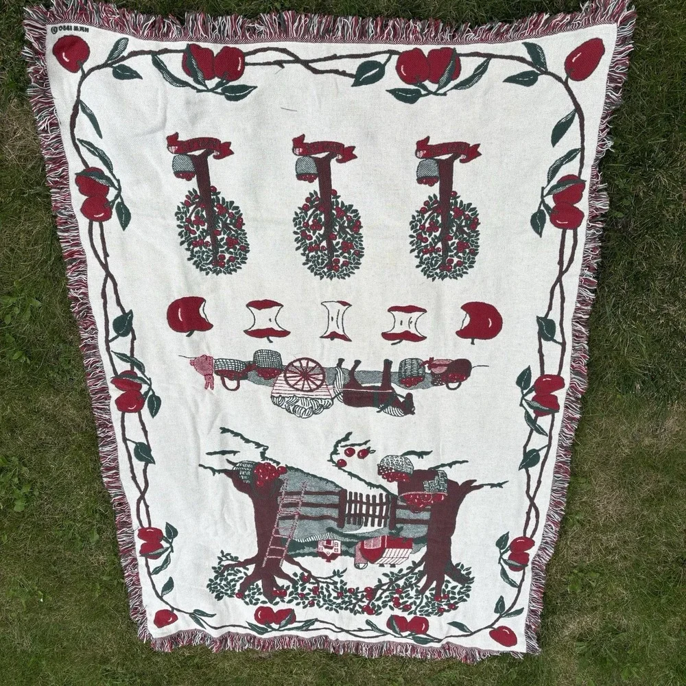 Vtg Apple Tree Farm Orchard Tapestry Blanket Red Green Cottage Core Open Fringe